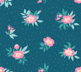 Vector seamless pattern with wild roses on the dark blue background, vintage style. Hand drawn fabric design. Stylish bright floral seamless pattern.