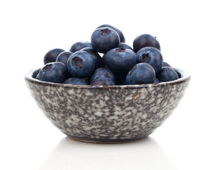 blueberries in bowl, on white background