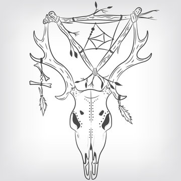 Deer Skull and Dreamcatcher. Vector print