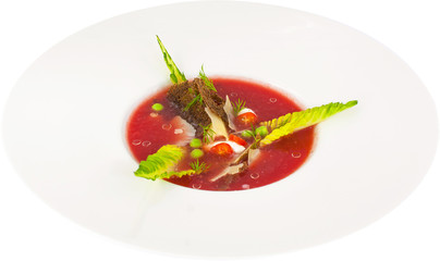 beet soup with cheese and croutons