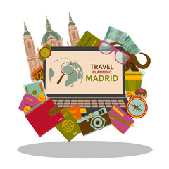Travel planning to Madrid flat concept. Vector illustration.