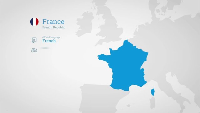 Animated infographics map with country's flag and profile. France