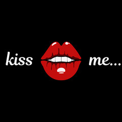 Obraz premium Red lips with text KISS ME