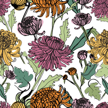 Japanese chrysanthemum hand drawn seamless pattern with buds, flowers, leaves