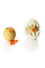 Food art creative concepts. Cute chicken over white background.