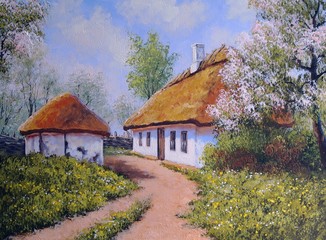 Oil paintings landscape,ukrainian village, spring