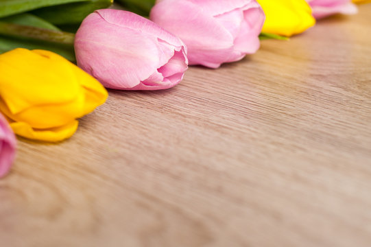 The composition of tulips of different colors on a wooden background, greeting card with free place for inscriptions on any holiday