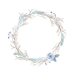 Fototapeta na wymiar Watercolor floral wreath isolated on white background. Vintage style round frame with wood branches, rose, blue berries, feathers.