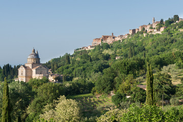 Fototapeta na wymiar Montepulciano, hilltop town with cathedral in Tuscany