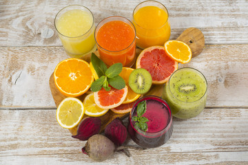 Various fruit and vegetable juices.