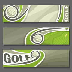 Vector horizontal Banners for Golf: 3 cartoon covers for title text on golf theme, golf course with flying ball and hole with flag, abstract simple headers banner for advertising on grey background.