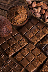Bars Chocolate , candy sweet, dessert food on wooden background