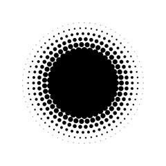 Abstract halftone circle of dots in radial arrangement. Black and white vector illustration element.