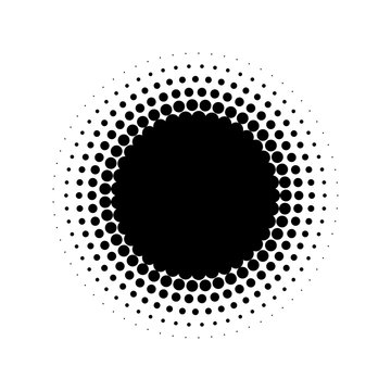 Abstract Halftone Circle Of Dots In Radial Arrangement. Black And White Vector Illustration Element.