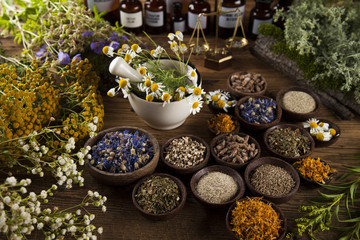 Healing herbs on wooden table, mortar and herbal medicine