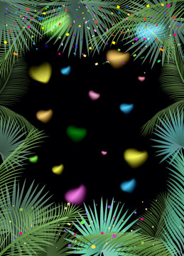 Confetti poster. Abstract background with colorful confetti, blurred hearts, bright sparkles, palm tree leaves frame. Vector illustration. Tropical, exotic palm tree leafs frame on black background.