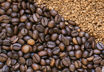  background of the  aromatic roasted coffee beans and granules soluble