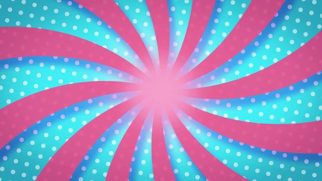 Pink Twisted Sunburst rotating over Blue background With white Dots Pattern loop for your logo or text. colorful cartoon retro pinwheel, hypnotic swirl, vintage blue and pink abstract background