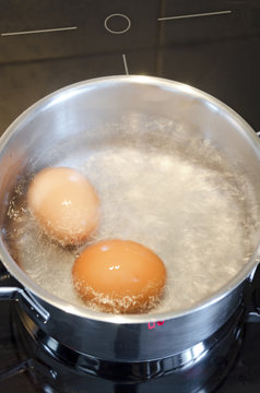 cooking pot with two eggs and boiling water