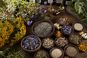 Herbal medicine on wooden desk background
