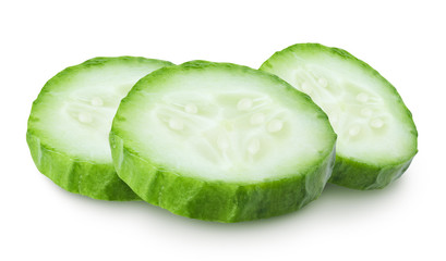 Isolated cucumbers. Raw cucumber slices (cut) isolated on white, with clipping path