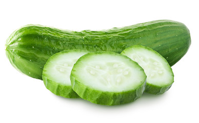 Isolated cucumbers. One fresh raw cucumber with slices (cut) isolated on white, with clipping path