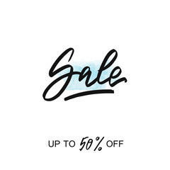 Sale. Handwritten lettering on watercolor blue stain.