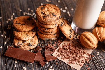 Homemade Chocolate Chip Cookies and cookies with sweet with glass of Milk.