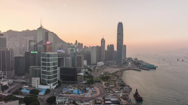 sunset sky hong kong cityscape rooftop bay panorama 4k time lapse china
