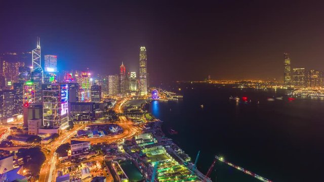 night light hong kong city rooftop traffic bay panorama 4k time lapse china
