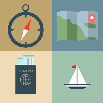 Icons set of traveling, planning a summer vacation, tourism in flat design.