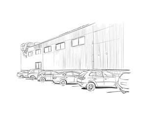 Car showroom exterior design sketch. Hand drawn vector illustration
