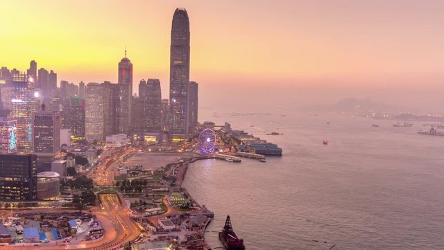 hong kong sunset rooftop world trade center bay wheel panorama 4k time lapse china
