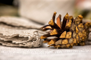 Macro shot of a pine cone and folded linen tablecloth and towels with grey lace trim

