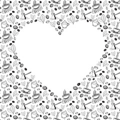 Coffee Doodles Background with Heart Shape inside