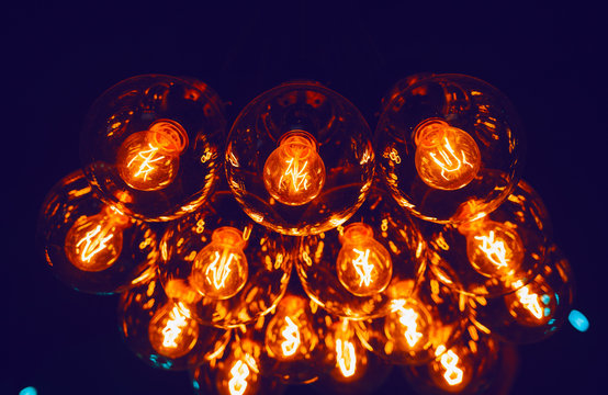 Glowing Leds filament lamps in darkness