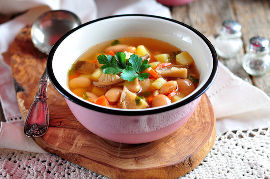 Delicious organic soup with chicken, beans, onions, tomatoes, mushrooms and parsley.
