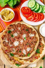 Turkish pizza Lahmajoun Lahmacun with ground beef