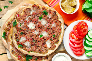 Turkish pizza Lahmajoun Lahmacun with ground beef - obrazy, fototapety, plakaty