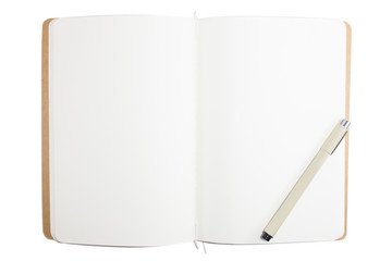 Pen on blank notebook isolated on white background