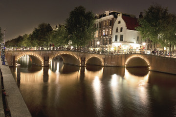 Lights on canal bridges at night Amsterdam, Netherlands