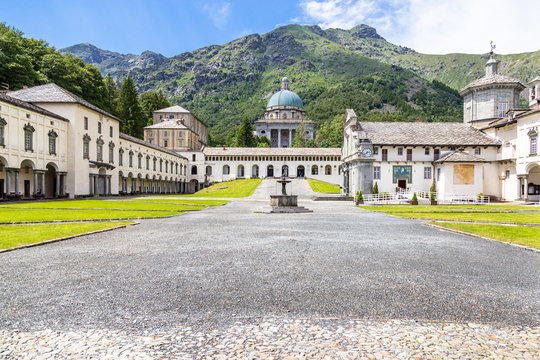 View of Shrine of Oropa, in the mountains of Biella, Piedmont Italy