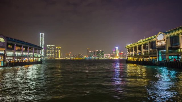 hong kong night light port dock walking panorama 4k time lapse china
