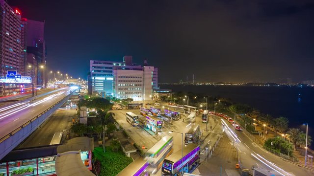 night illumination hong kong city bus station rooftop panorama 4k time lapse china
