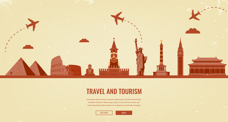 Travel composition with famous world landmarks. Travel and Tourism. Concept website template. Vector.