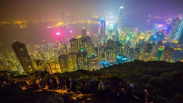 famous night illumination hong kong the peak cityscape panorama 4k time lapse china
