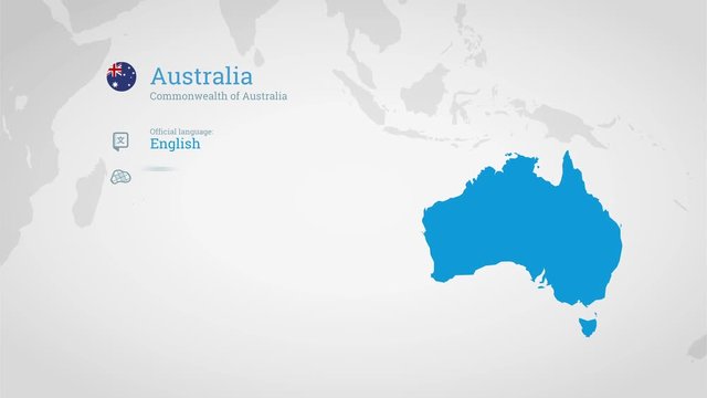 Animated infographics map with country's flag and profile. Australia
