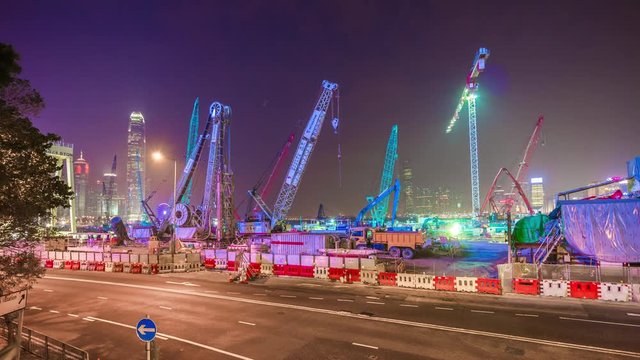 night light hong kong city center construction traffic street panorama 4k time lapse china
