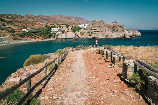 Footpath to blue lagoon of Aghios Pavlos town on Crete island, Greece