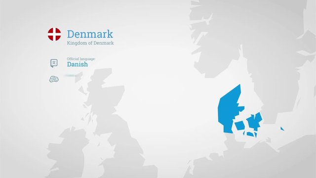 Animated infographics map with country's flag and profile. Denmark
